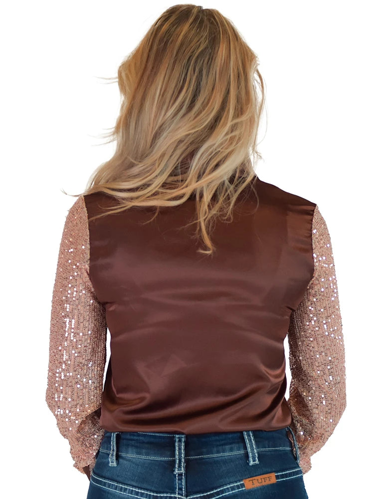 Cowgirl Tuff Brown Satin with Champagne Sequin Sleeves Pullover Shirt