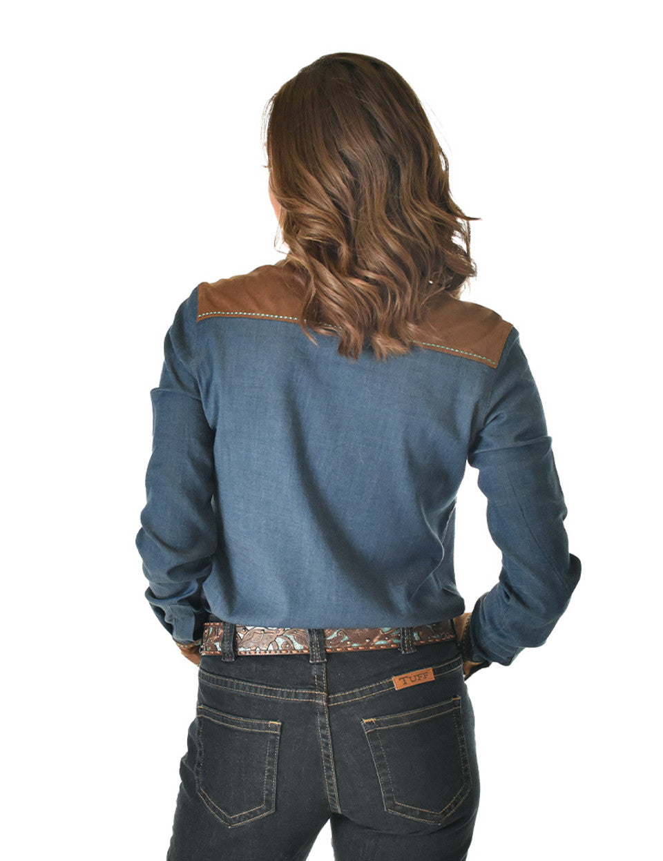 Cowgirl Tuff Faux Leather & Denim Pullover Shirt