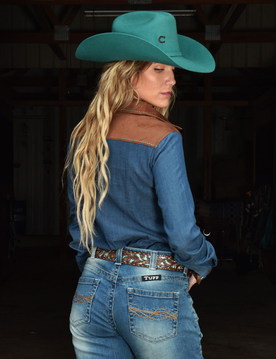 Cowgirl Tuff Faux Leather & Denim Pullover Shirt