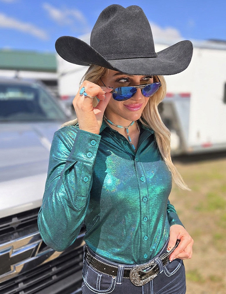 Cowgirl Tuff Emerald Mist Holographic Pullover Shirt