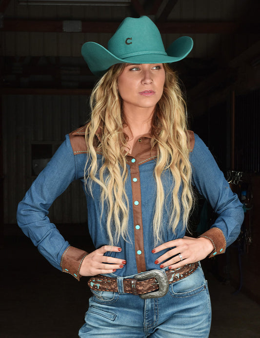 Cowgirl Tuff Faux Leather & Denim Pullover Shirt