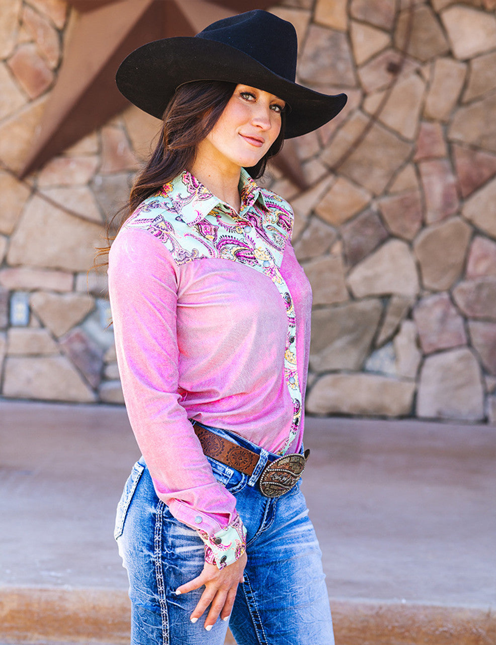 Cowgirl Tuff Pink Shimmer & Paisley Pullover Shirt