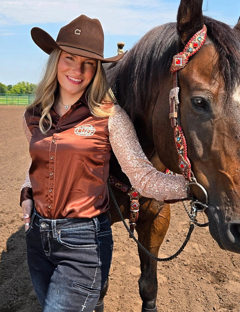 Cowgirl Tuff Brown Satin with Champagne Sequin Sleeves Pullover Shirt