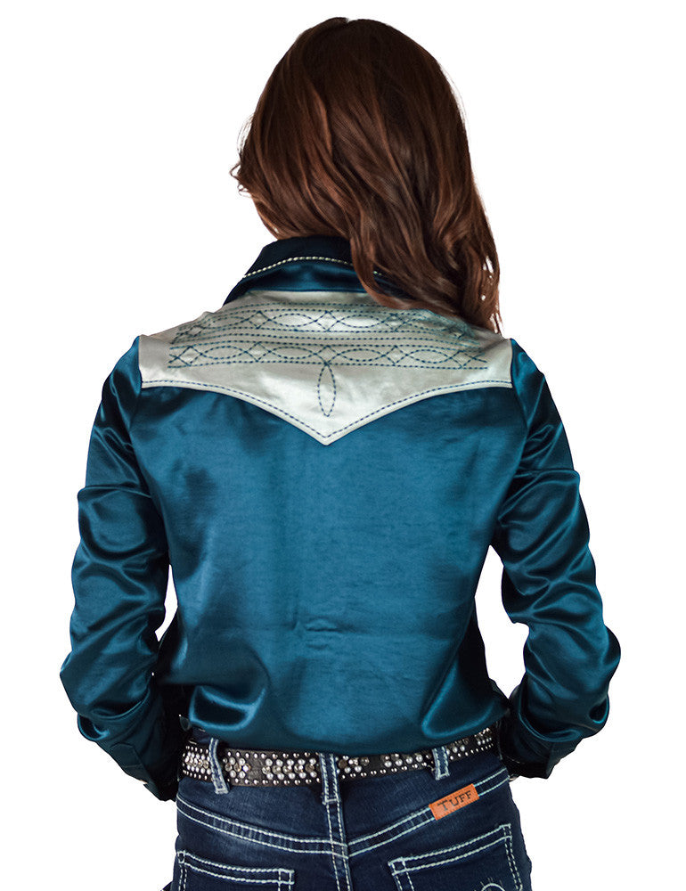 Cowgirl Tuff Teal & Mint Bootstitch Satin Pullover Shirt