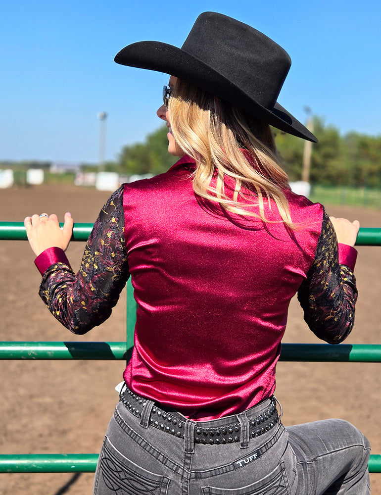 Cowgirl Tuff Ruby Red Satin with sheer sleeves Pullover Shirt