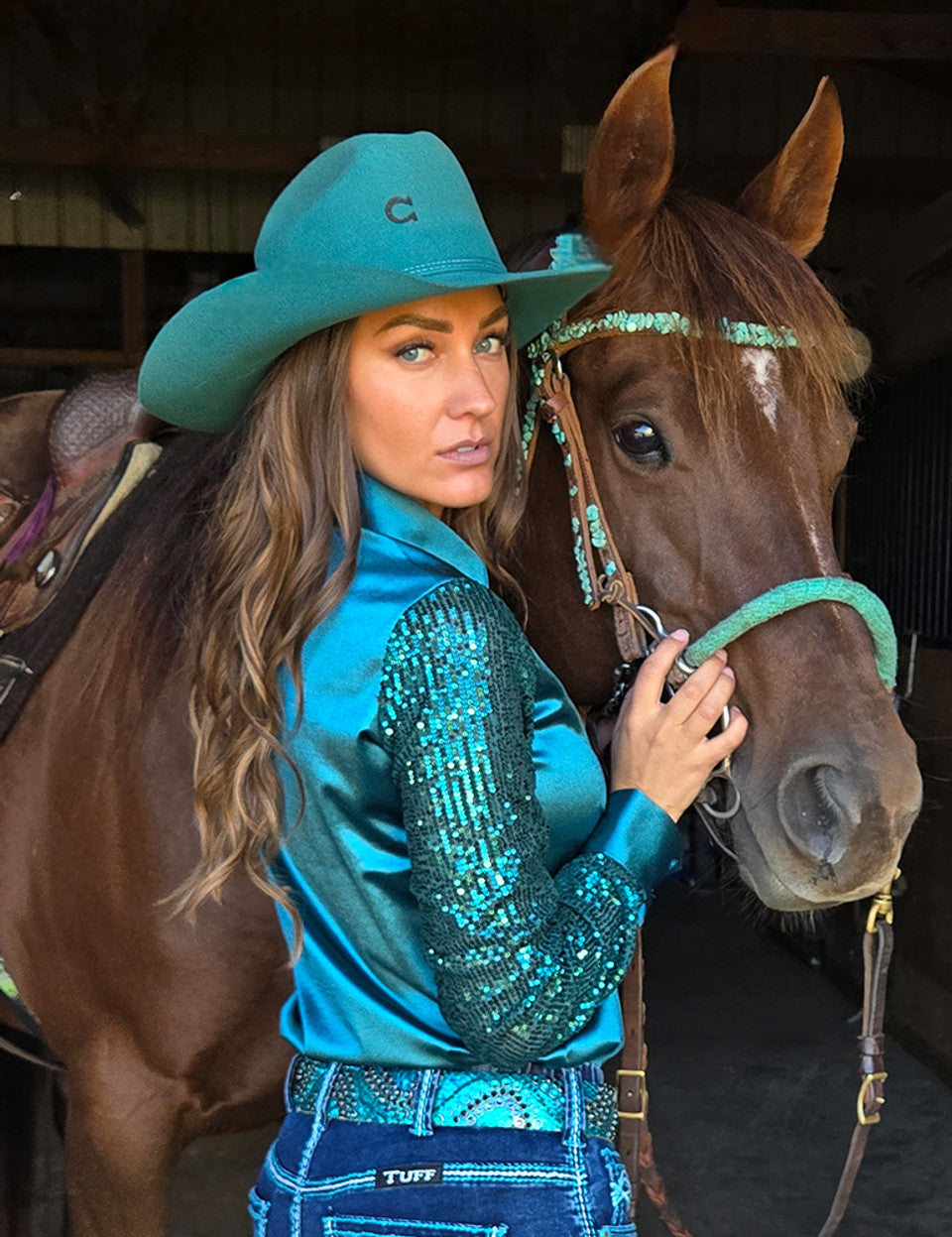 Cowgirl Tuff Emerald Satin with Sequins Pullover Shirt
