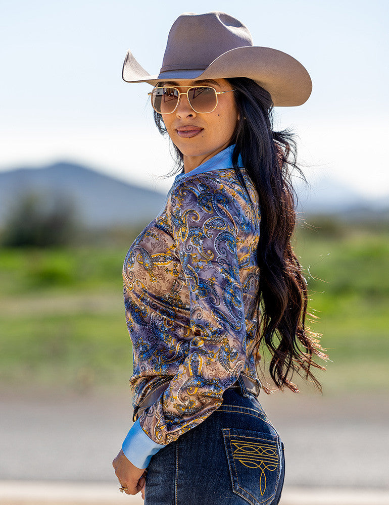 Tan & Sky Blue Paisley Satin Pullover Shirt