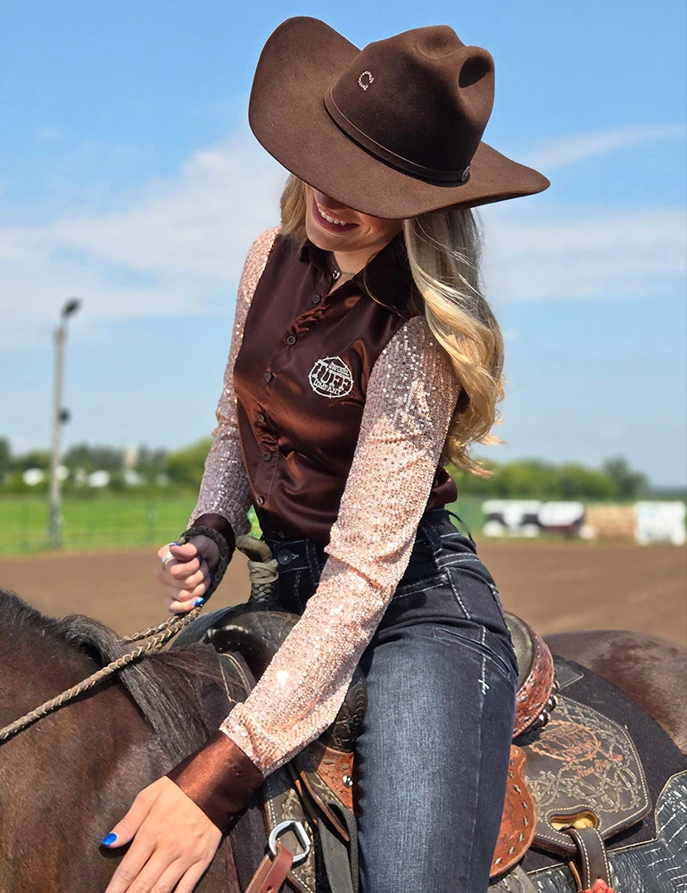 Cowgirl Tuff Brown Satin with Champagne Sequin Sleeves Pullover Shirt