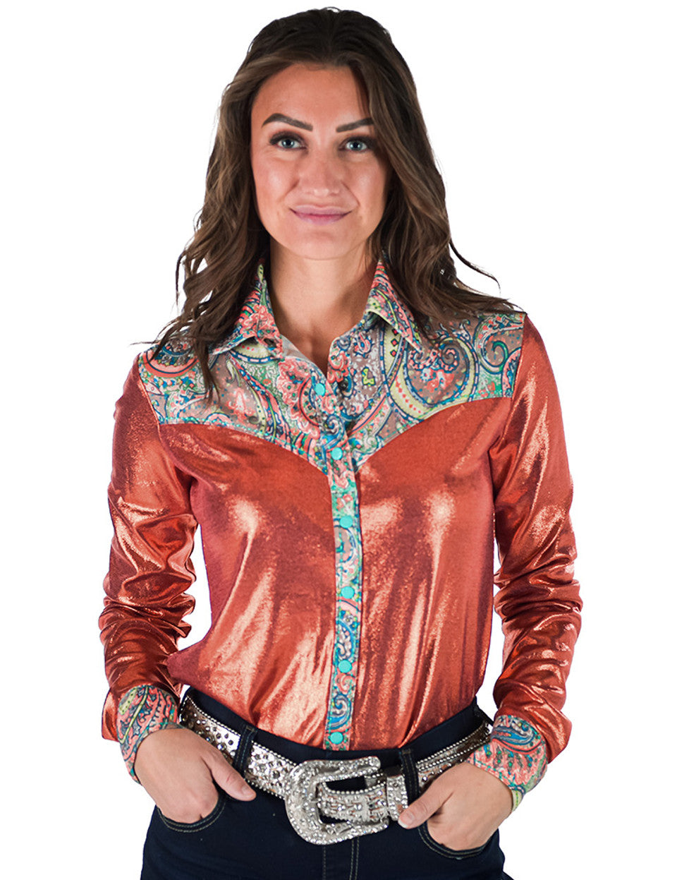 Cowgirl Tuff Orange Shimmer & Paisley Pullover Shirt