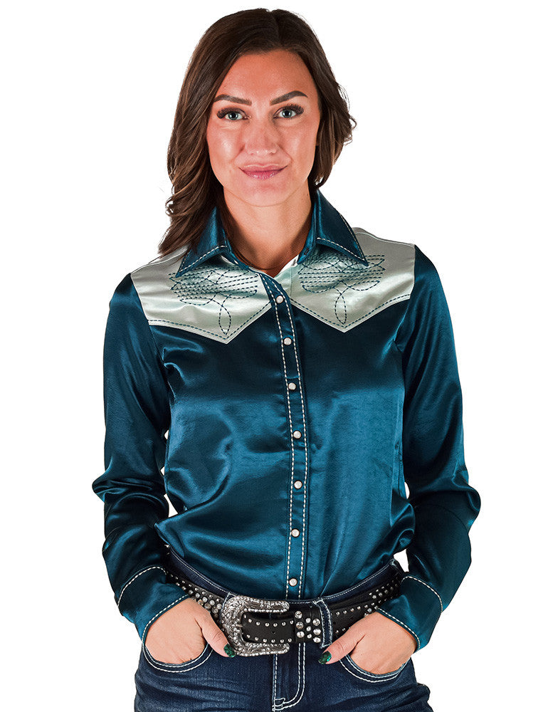 Cowgirl Tuff Teal & Mint Bootstitch Satin Pullover Shirt