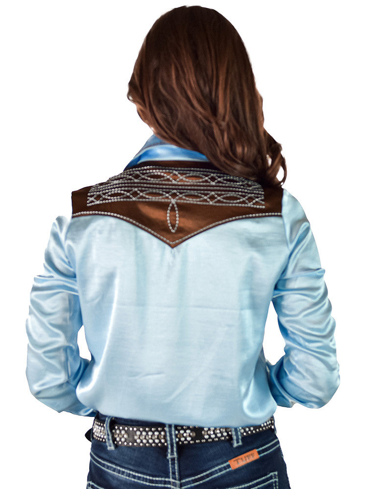 Cowgirl Tuff Sky Blue & Brown Satin Pullover Shirt